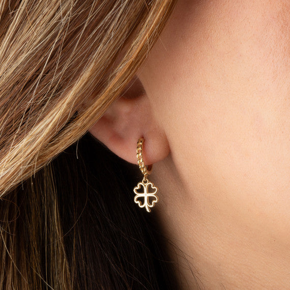 Yellow Gold 4 Leaf Clover Lucky Cuban Link Huggie Hoop Earrings