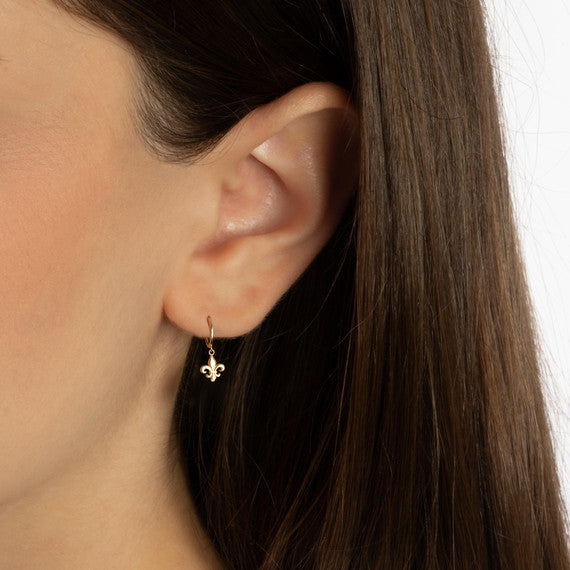 Yellow Gold French Fleur-de-Lis Drop Huggie Hoop Earrings