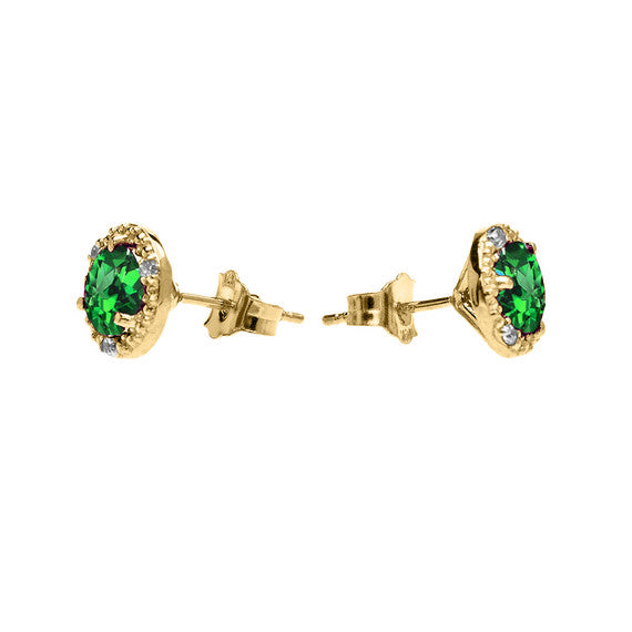 10k Halo Stud Earrings in Gold with Solitaire Lab Created Emerald and Diamonds(Available in Yellow/Rose/White Gold)