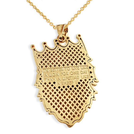 Solid Gold Double Sided Text Embossed Cubic Zirconia Lion King Pendant Necklace (Available In Yellow/Rose/White Gold)