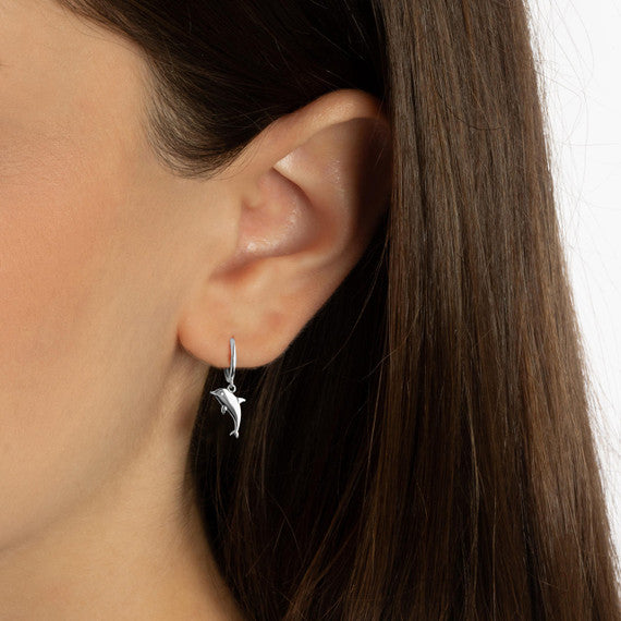 .925 Sterling Silver Sea Dolphin Drop Huggie Hoop Earrings