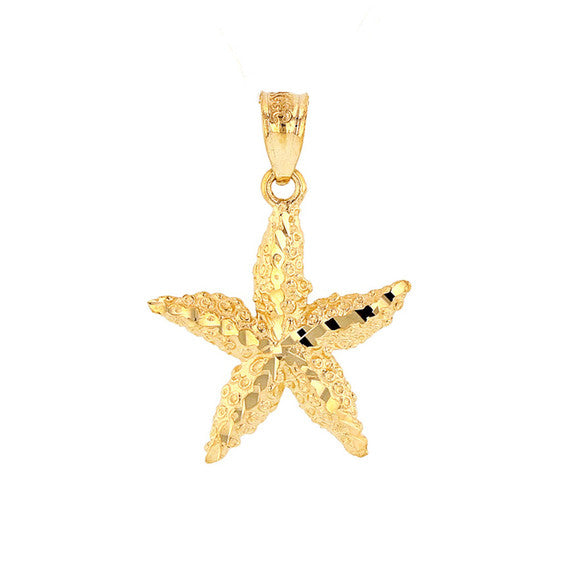 Solid Gold Diamond Cut Starfish Sea Star Pendant Necklace (Available in Yellow/Rose/White Gold)