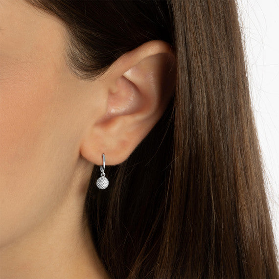 .925 Sterling Silver Golf Ball Textured Drop Huggie Earrings