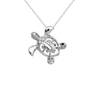 .925 Sterling Silver Diamond Hawaiian Honu Sea Turtle Hidden Bail Pendant Necklace