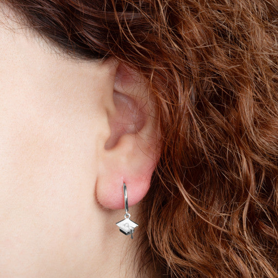 .925 Sterling Silver Graduation Cap Drop Huggie Hoop Earrings