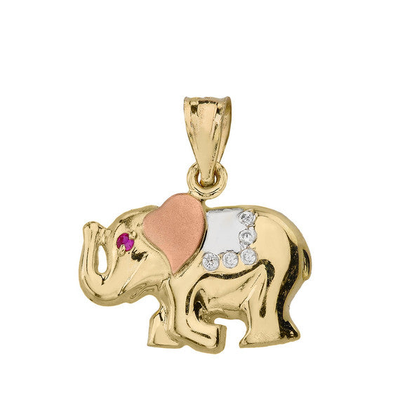 Solid Three Tone Gold Elephant CZ Pendant Necklace