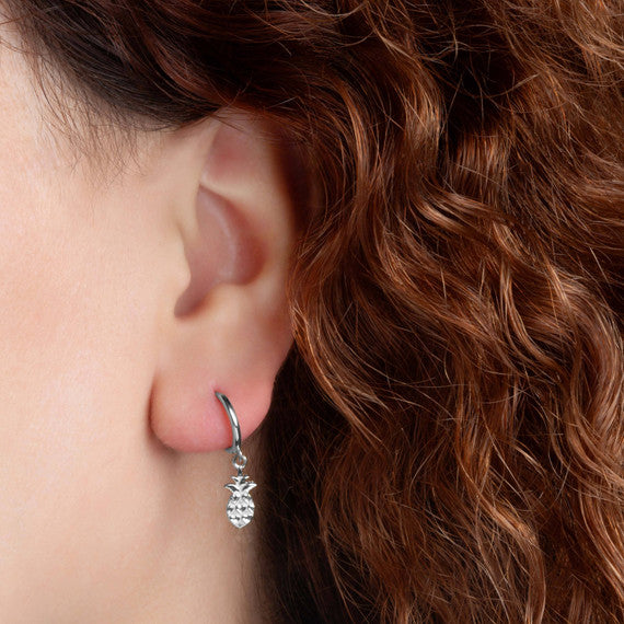 .925 Sterling Silver Pineapple Fruit Drop Huggie Hoop Earrings