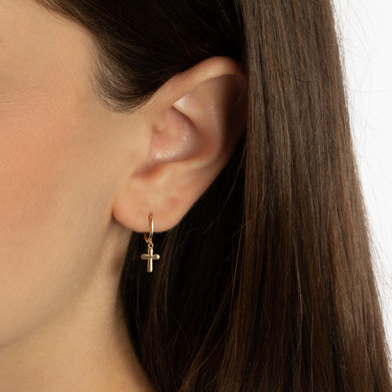 Yellow Gold Religious Cross Milgrain Drop Huggie Hoop Earrings