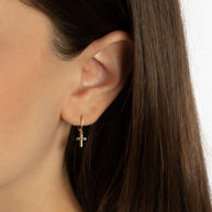 Yellow Gold Religious Cross Milgrain Drop Huggie Hoop Earrings