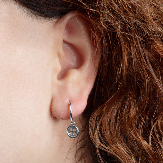 .925 Sterling Silver Button Drop Huggie Hoop Earrings