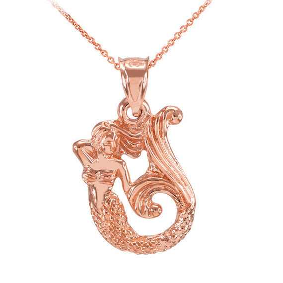 Gold Textured Fairytale Mermaid Pendant Necklace (Available In Yellow/Rose/White Gold)