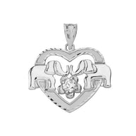 .925 Sterling Silver Elephant Heart Flower Cubic Zirconia Pendant Necklace