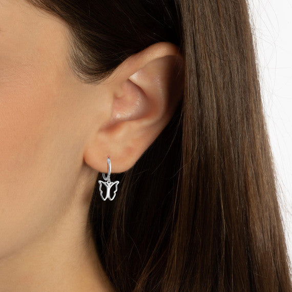 .925 Sterling Silver Butterfly Nature Drop Huggie Hoop Earrings