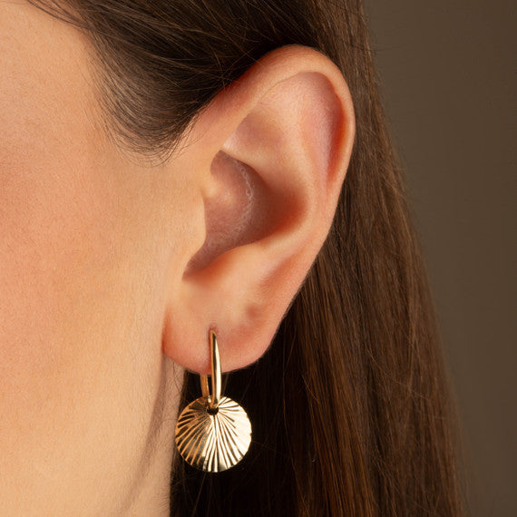 14K Yellow Gold Diamond Cut Textured Disc Drop Huggie Hoop Earrings