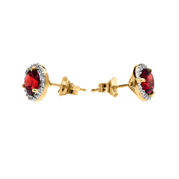 10K Halo Stud Earrings in Two Tone Yellow Gold with Solitaire Garnet and Diamonds