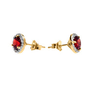 10K Halo Stud Earrings in Two Tone Yellow Gold with Solitaire Garnet and Diamonds
