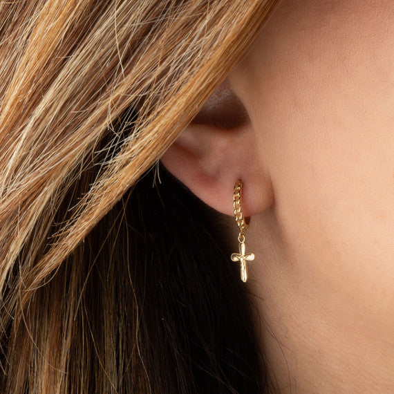 Yellow Gold Cross Crucifix Jesus Christ Milgrain Cuban Link Huggie Hoop Earrings