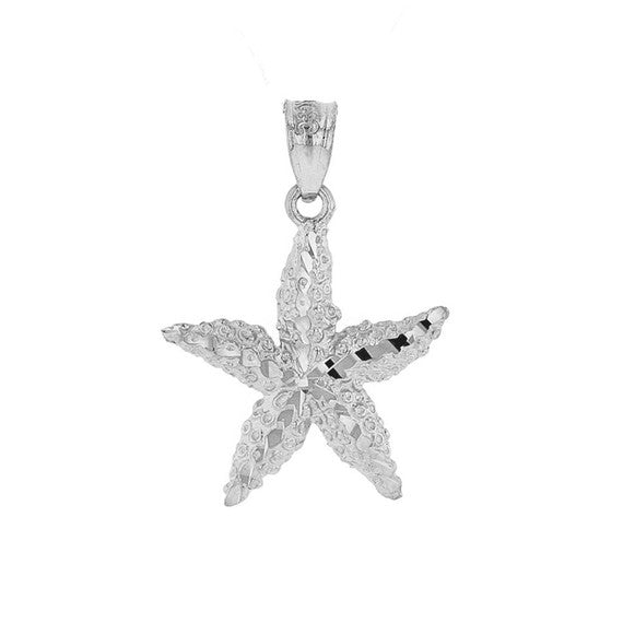 .925 Sterling Silver Diamond Cut Starfish Sea Star Pendant Necklace