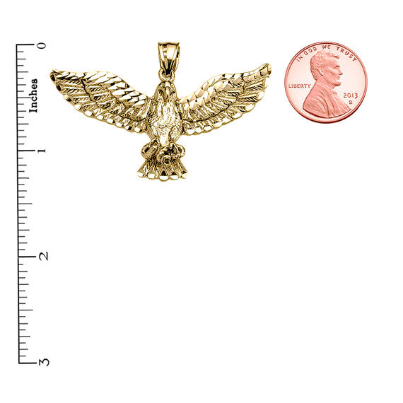 Gold Diamond Cut American Bald Eagle Pendant Necklace (Available In Yellow/Rose/White Gold)