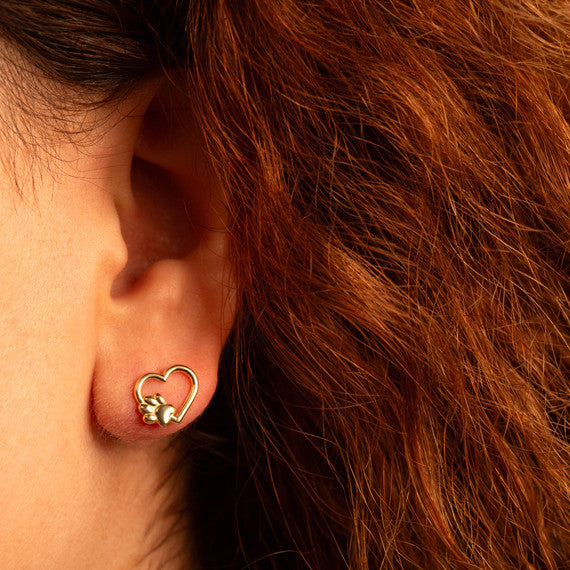 Yellow Gold Dog Paw Print Heart Stud Earrings