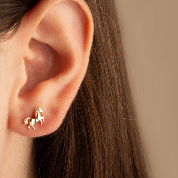 Yellow Gold Horse Stallion Stud Earrings