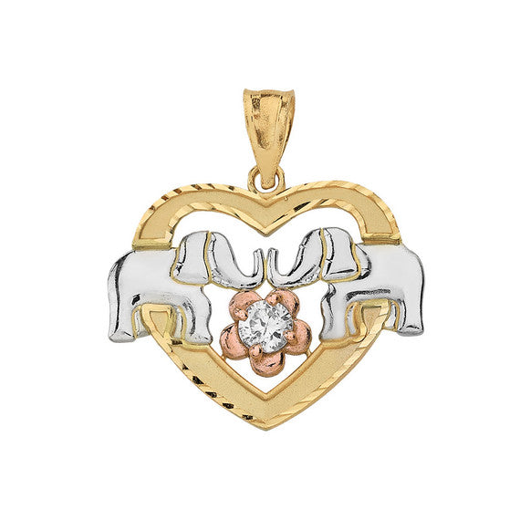 Tri-Color Gold Elephant Heart Flower Cubic Zirconia Pendant Necklace