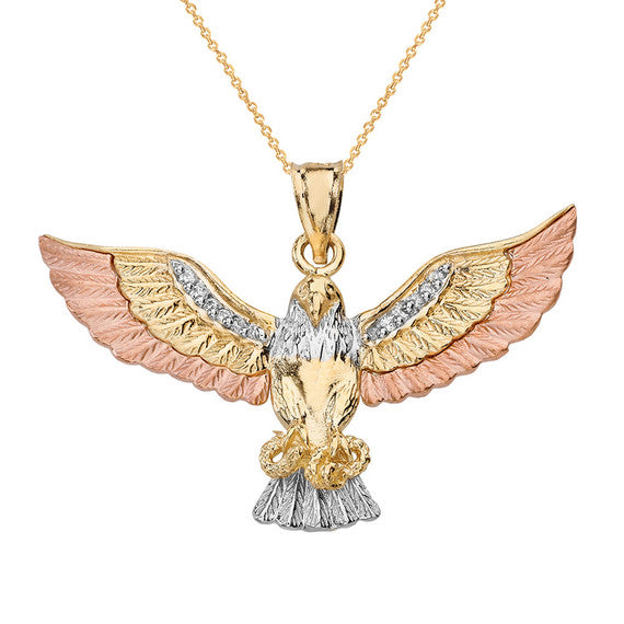 Tri-Color Gold Cubic Zirconia Eagle Textured Pendant Necklace