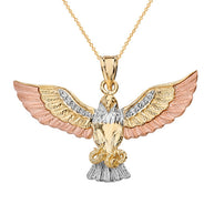Tri-Color Gold Cubic Zirconia Eagle Textured Pendant Necklace