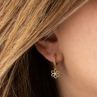 Yellow Gold Daisy Flower Cuban Link Huggie Hoop Earrings