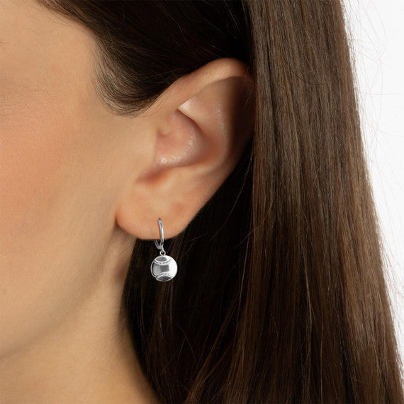 .925 Sterling Silver Baseball Sports Drop Huggie Hoop Earrings
