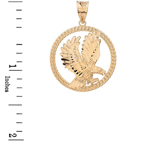 Solid Gold Rope Frame Diamond Cut American Eagle Circle Pendant Necklace (Available In Yellow/Rose/White/Two Tone Gold Gold)