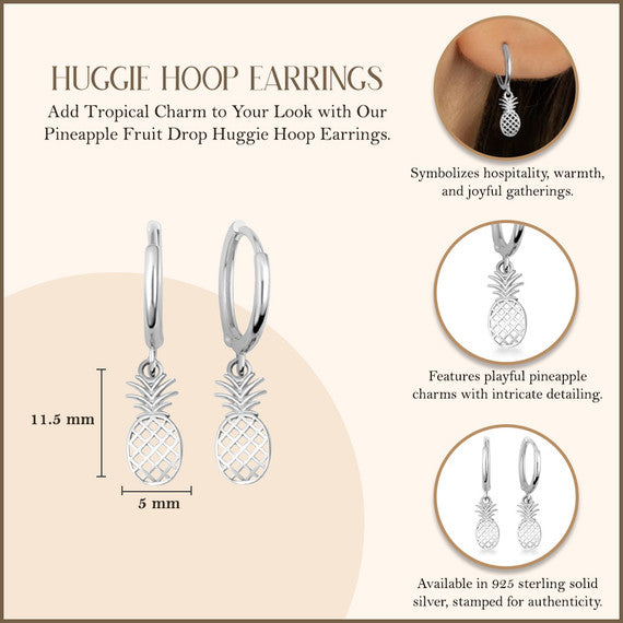 .925 Sterling Silver Pineapple Tropical Fruit Drop Huggie Hoop Earrings
