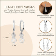 .925 Sterling Silver Pineapple Tropical Fruit Drop Huggie Hoop Earrings