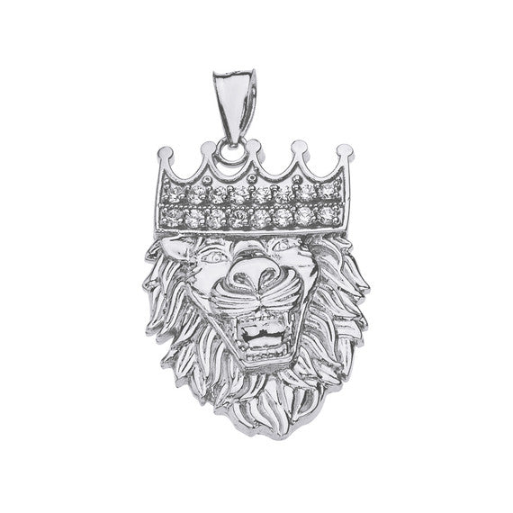 Sterling Silver Double Sided Text Embossed Cubic Zirconia Lion King Pendant Necklace