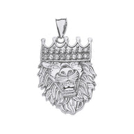 Sterling Silver Double Sided Text Embossed Cubic Zirconia Lion King Pendant Necklace