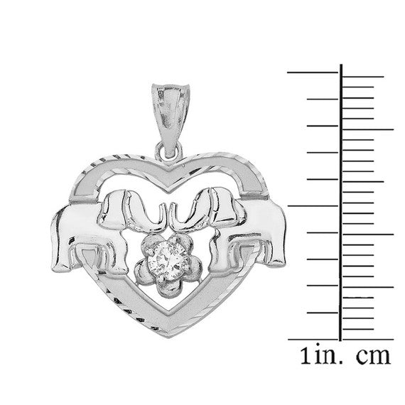 .925 Sterling Silver Elephant Heart Flower Cubic Zirconia Pendant Necklace
