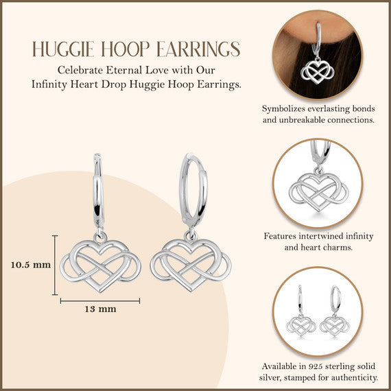 .925 Sterling Silver Infinity Heart Drop Huggie Hoop Earrings