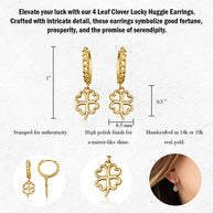Yellow Gold 4 Leaf Clover Lucky Cuban Link Huggie Hoop Earrings