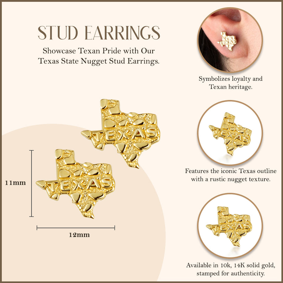 Yellow Gold Texas State Nugget Stud Earrings