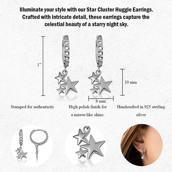 .925 Sterling Silver Star Cluster Cuban Link Huggie Hoop Earrings