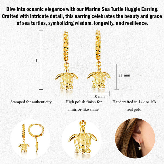 Yellow Gold Marine Sea Turtle Cuban Link Huggie Hoop Earrings