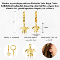 Yellow Gold Marine Sea Turtle Cuban Link Huggie Hoop Earrings