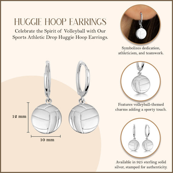 .925 Sterling Silver Volleyball Sports Athletic Drop Huggie Hoop Earrings