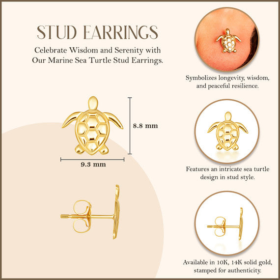 Yellow Gold Marine Sea Turtle Stud Earrings