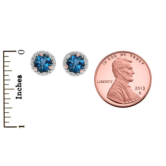 Halo Stud Earrings in Two Tone Rose Gold with Solitaire London Blue Topaz and Diamonds