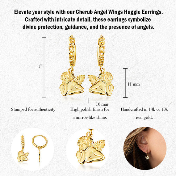 Yellow Gold Cherub Angel Cuban Link Huggie Hoop Earrings