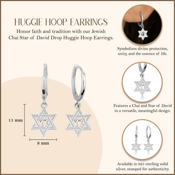 .925 Sterling Silver Jewish Chai Star Of David Drop Huggie Hoop Earrings