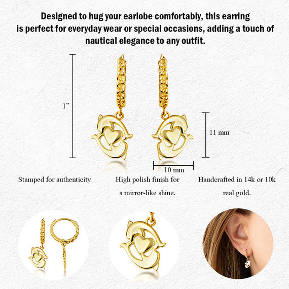 Yellow Gold Dolphin Heart Cuban Link Huggie Hoop Earrings