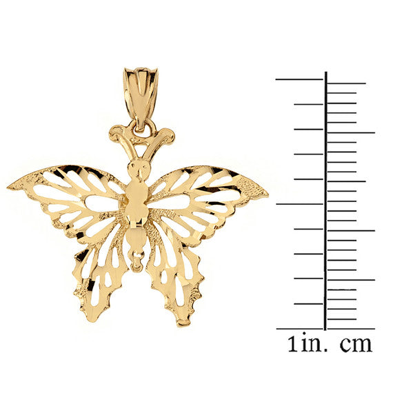 Solid Gold Filigree Diamond Cut Butterfly Pendant Necklace(Available in Yellow/Rose/White)