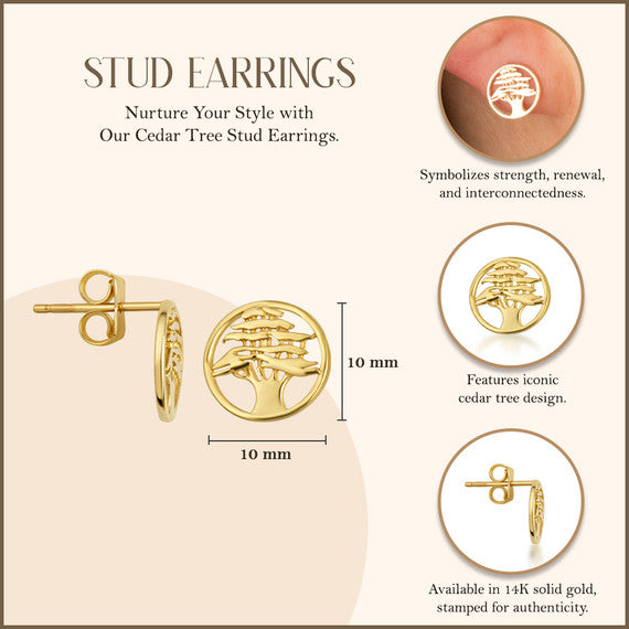 14K Yellow Gold Cedar Tree of Lebanon Stud Earrings